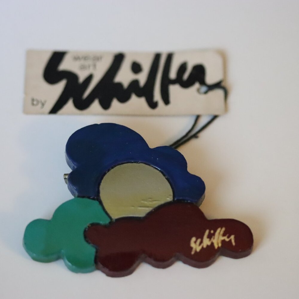 Vintage Signed Bill Schiffer Wearable Art Clouds Brooch Pin Hand Painted